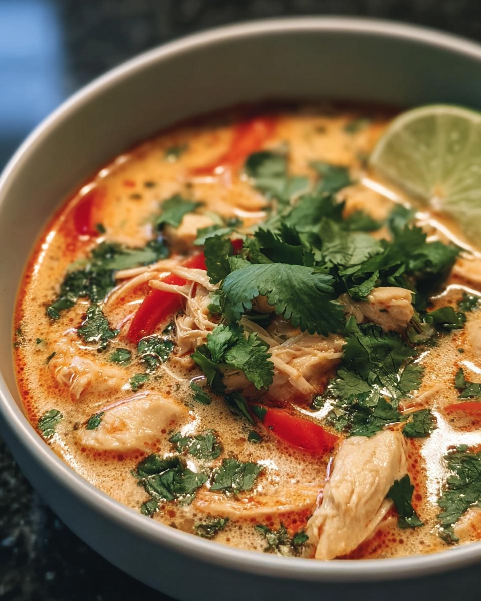 Close-up of a bowl of Thai Coconut Chicken Soup with cilantro, red peppers, and a lime wedge.
