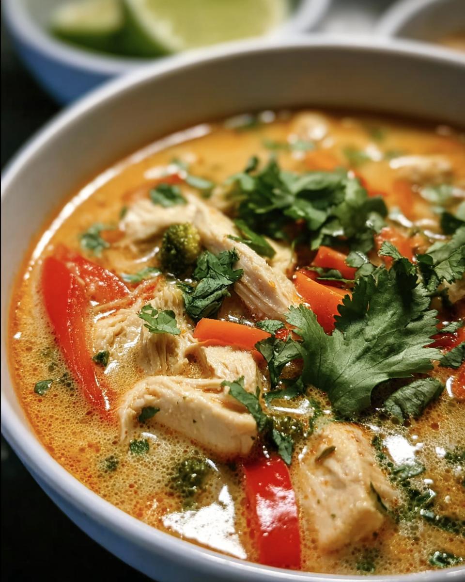 Close-up of a bowl of Thai Coconut Chicken Soup with chicken, vegetables, and cilantro garnish.