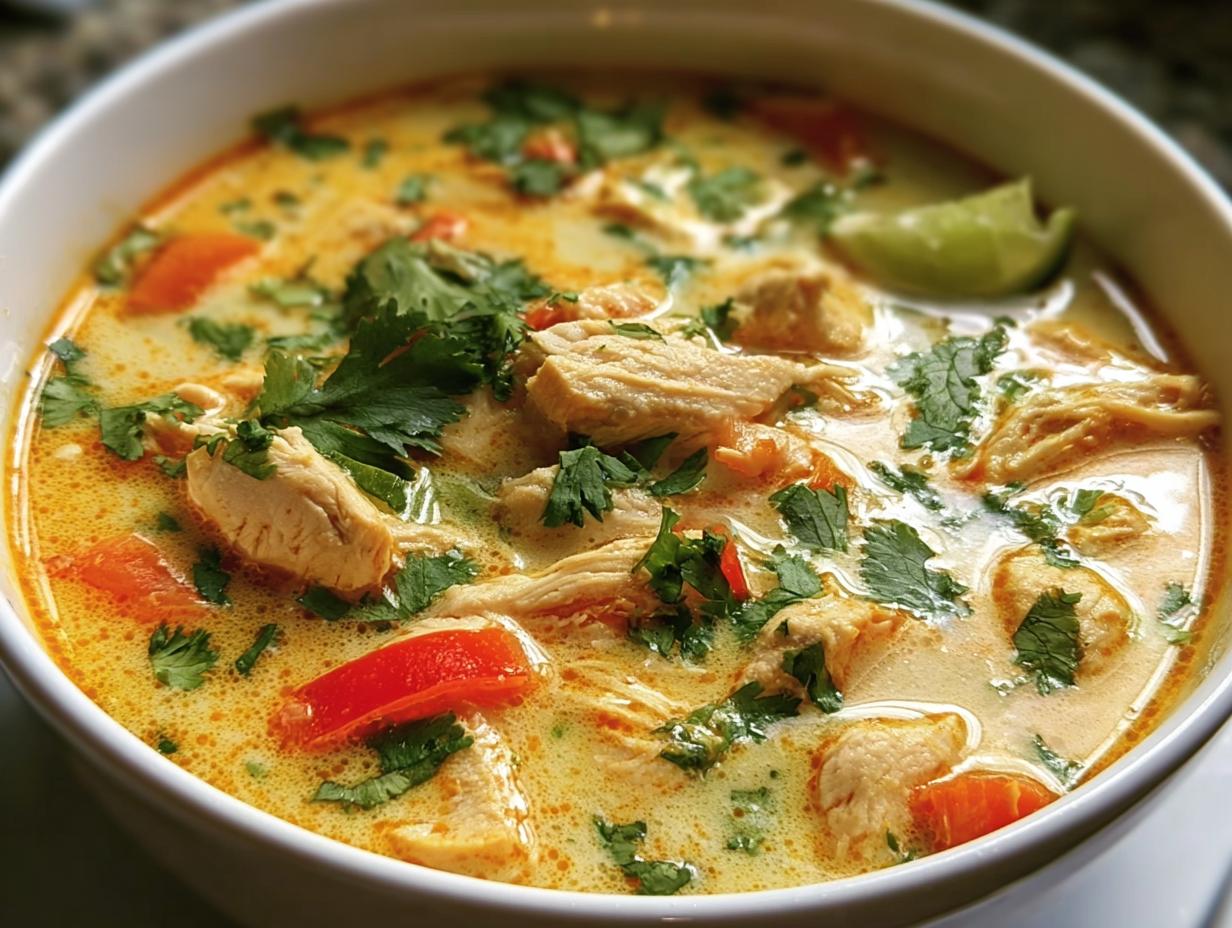 Close-up of a bowl of Thai Coconut Chicken Soup with chicken, vegetables, cilantro, and a lime wedge.