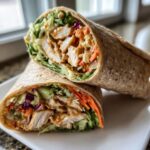 Two halves of a Thai Peanut Chicken Wrap, showcasing the chicken, peanut sauce, and colorful vegetables.