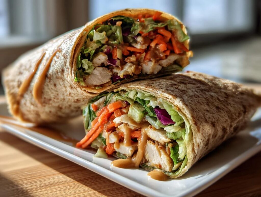 Two Thai Peanut Chicken Wraps cut in half, showcasing the chicken, lettuce, carrots, and peanut sauce filling.