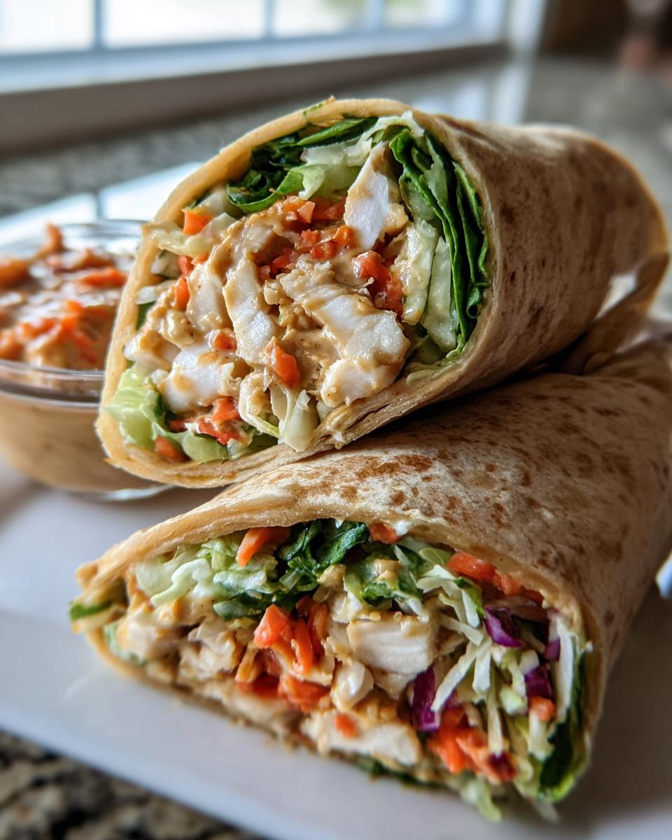 Two Thai Peanut Chicken Wraps cut in half, showcasing the chicken, lettuce, carrots, and peanut sauce filling.