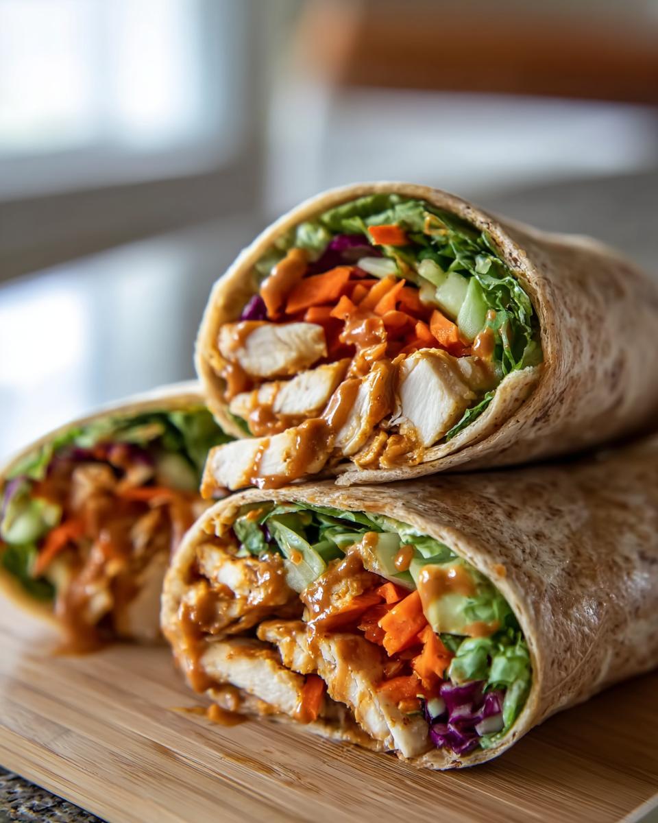 Stack of two Thai Peanut Chicken Wraps filled with chicken, vegetables, and peanut sauce.
