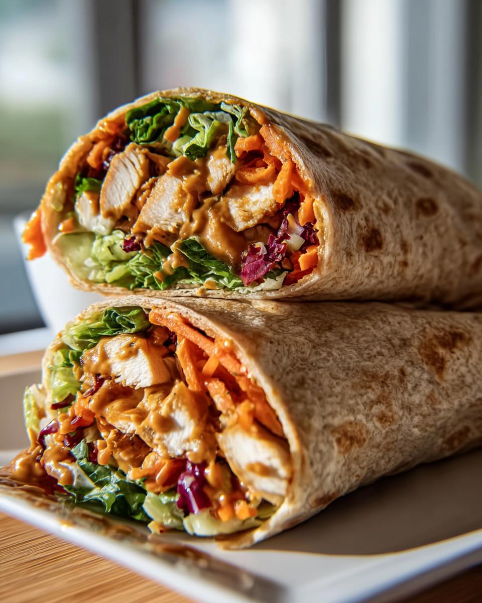 Two Thai Peanut Chicken Wraps stacked, showcasing chicken, lettuce, carrots, and peanut sauce.