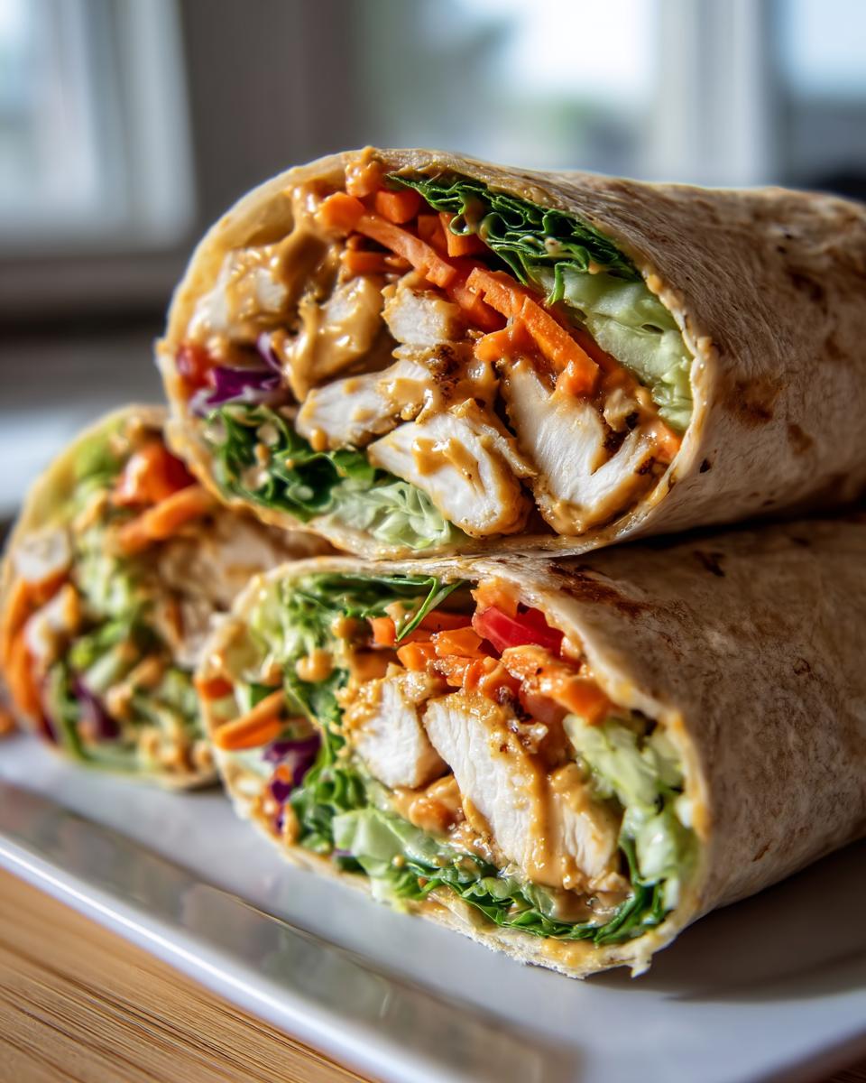 Stack of Thai Peanut Chicken Wraps filled with chicken, lettuce, carrots, and peanut sauce.