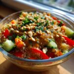 Close-up of Thai Quinoa Salad with Peanut Dressing, featuring quinoa, vegetables, and peanut topping.