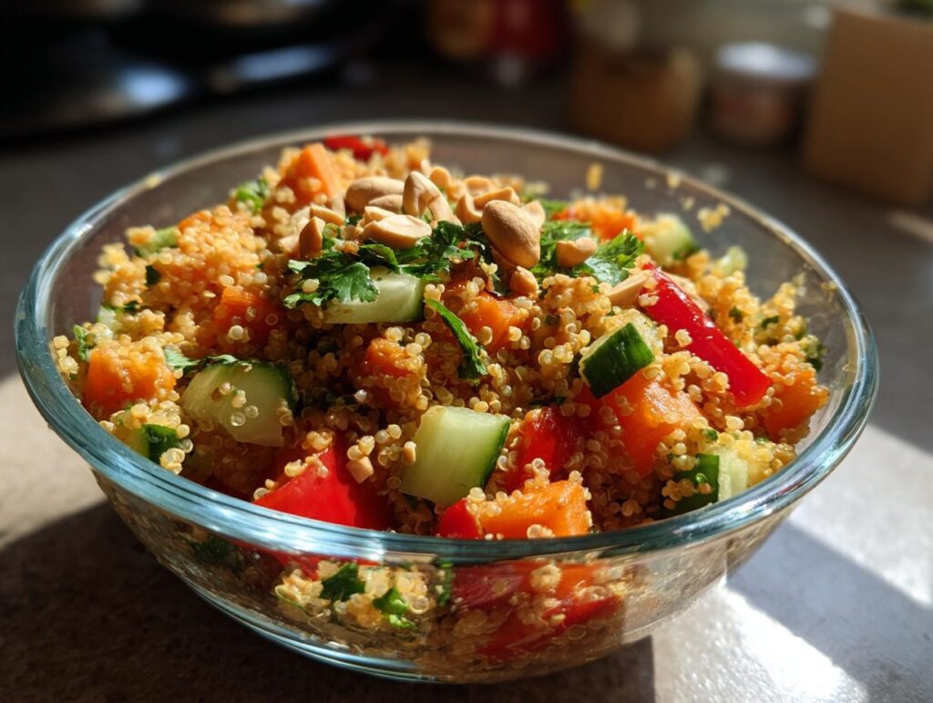 Close-up of Thai Quinoa Salad with Peanut Dressing in a glass bowl, topped with peanuts and cilantro.