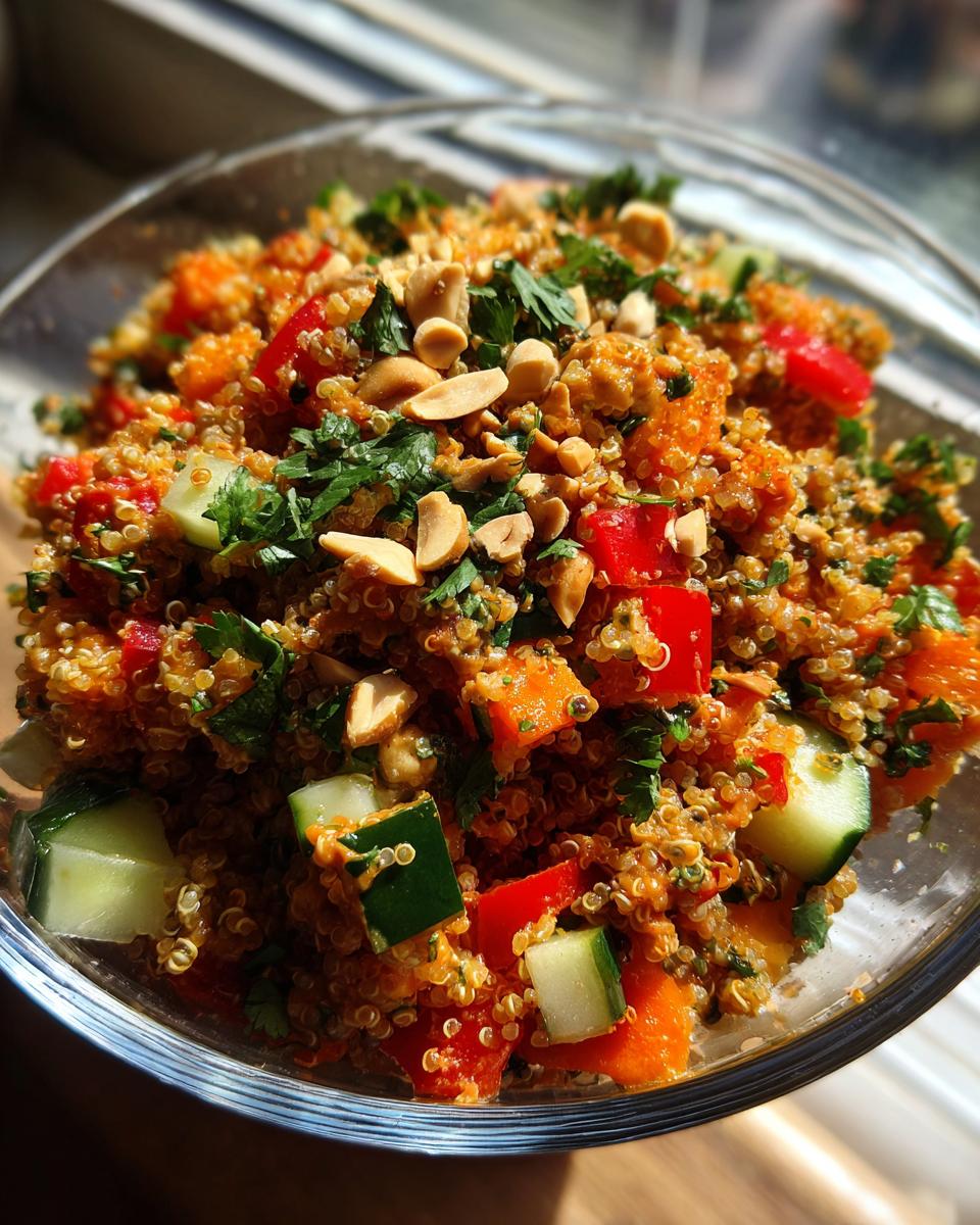 Close-up of Thai Quinoa Salad with Peanut Dressing, featuring quinoa, vegetables, herbs, and peanut topping.