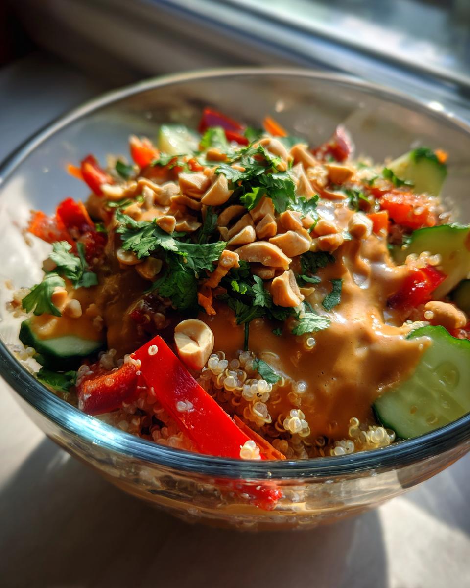 Close-up of a bowl of Thai Quinoa Salad with Peanut Dressing, featuring quinoa, vegetables, peanuts, and cilantro.