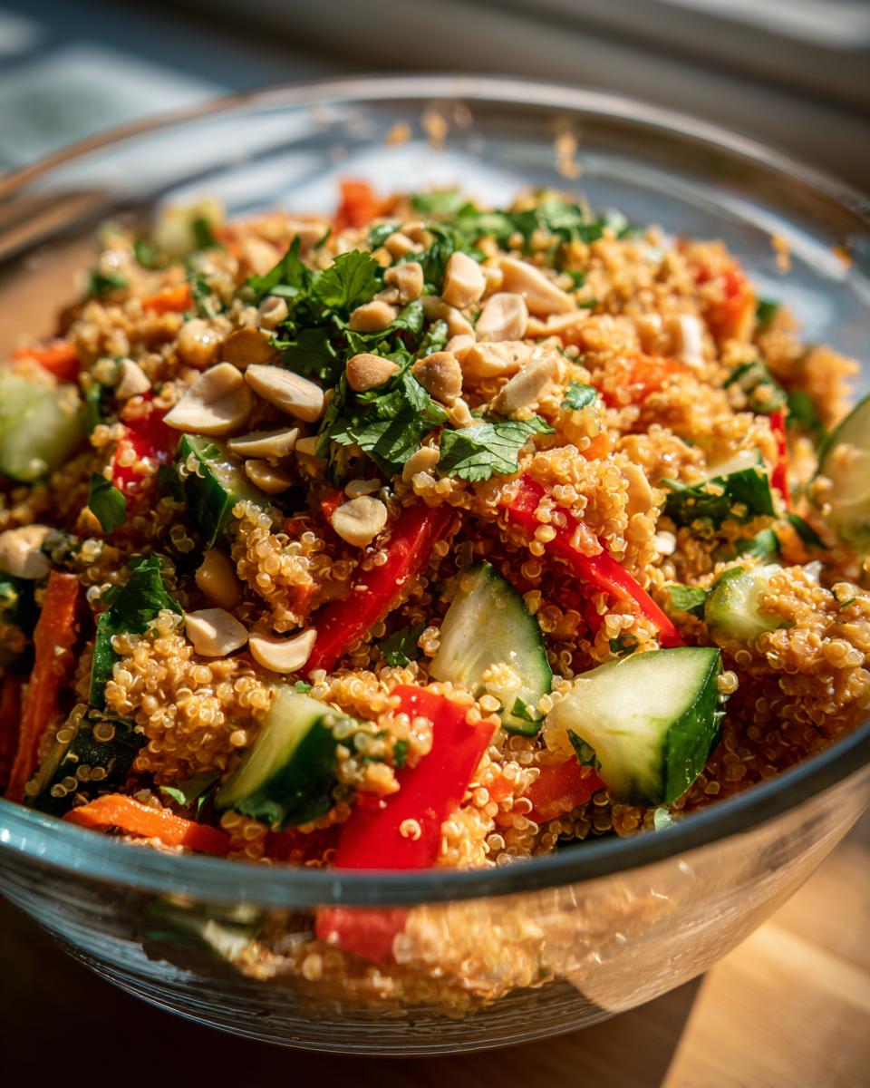 A vibrant bowl of Thai Quinoa Salad with Peanut Dressing, featuring quinoa, vegetables, peanuts, and herbs.