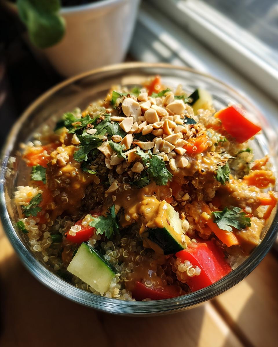 Overhead shot of a vibrant Thai Quinoa Salad with Peanut Dressing in a glass bowl, topped with peanuts and cilantro.