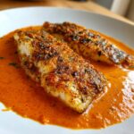 Two fillets of Tilapia in Roasted Pepper Sauce, plated on a white dish.