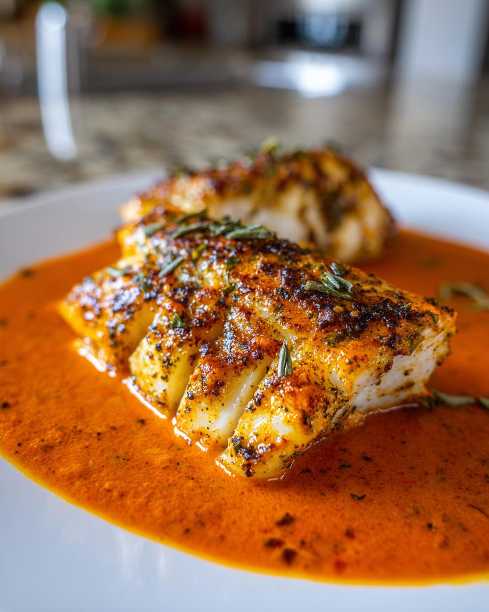 Two pieces of Tilapia in Roasted Pepper Sauce, garnished with herbs, served on a white plate.