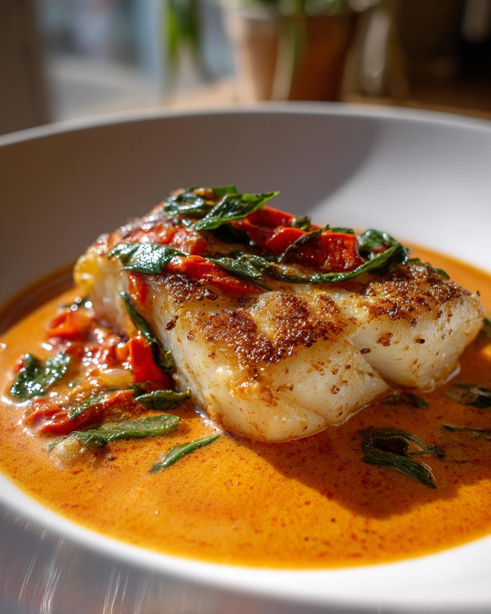 Close-up of Tilapia in Roasted Pepper Sauce, garnished with herbs, served in a white bowl.