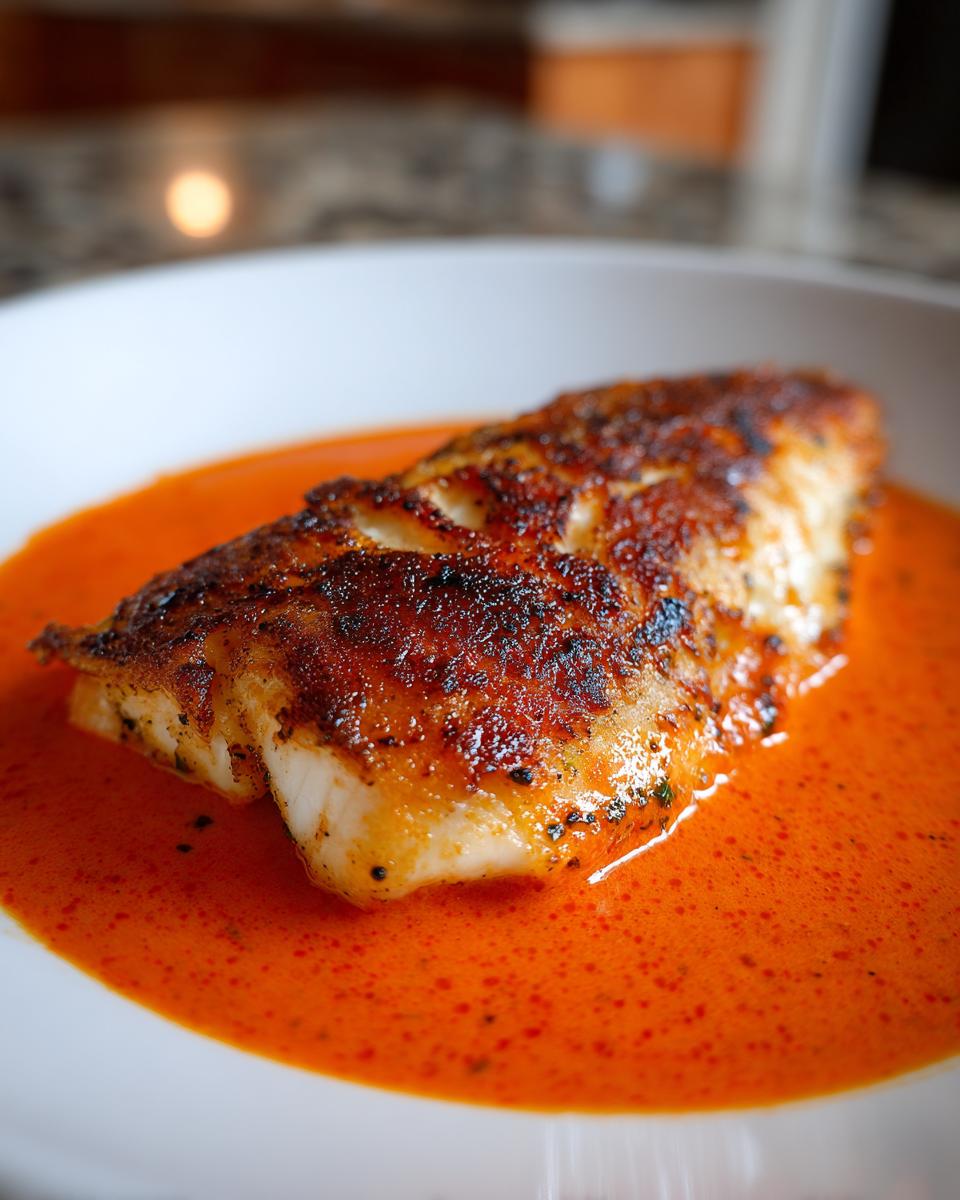 Close-up of Tilapia in Roasted Pepper Sauce on a white plate, showcasing its texture and vibrant color.
