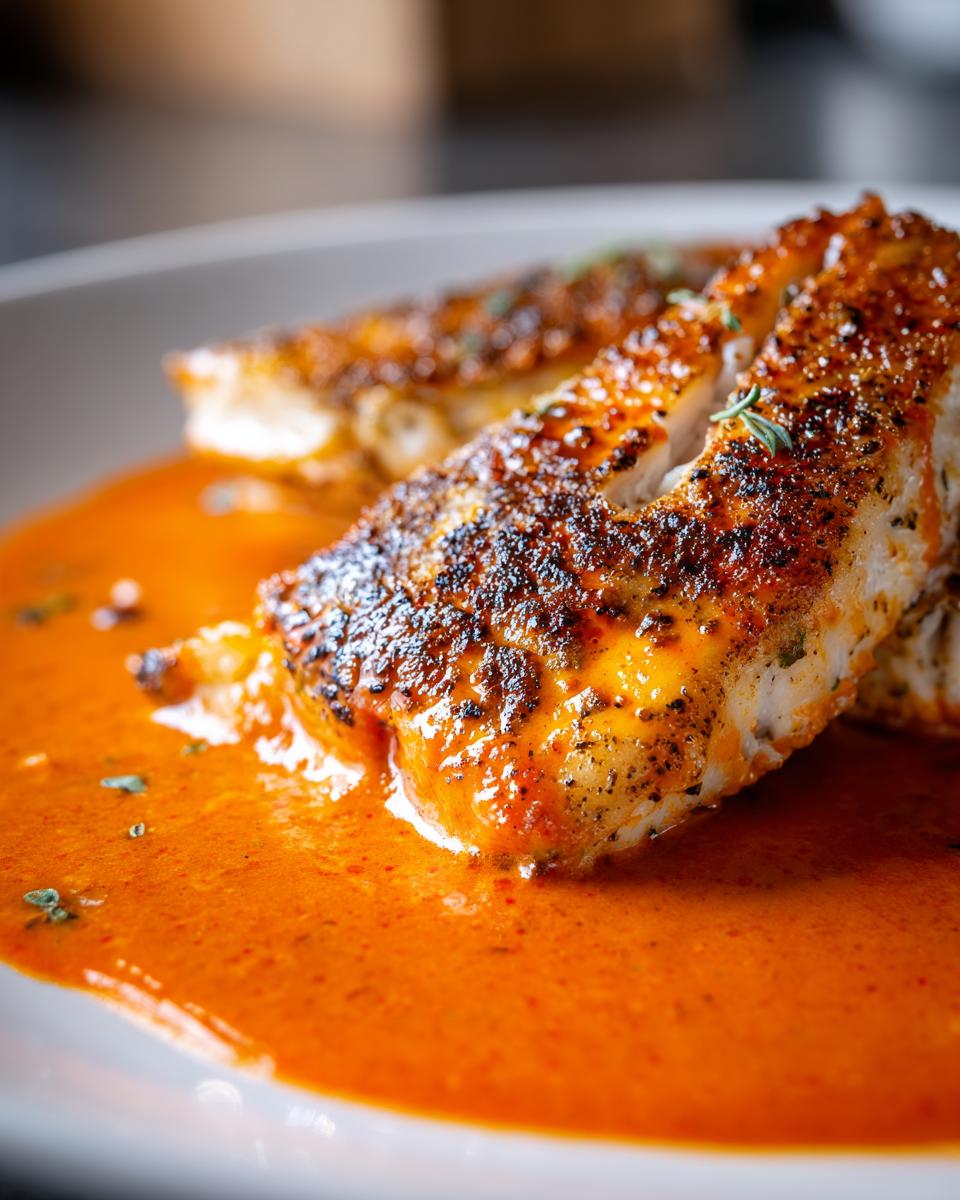 Two pieces of Tilapia in Roasted Pepper Sauce, plated with a vibrant orange sauce and herb garnish.