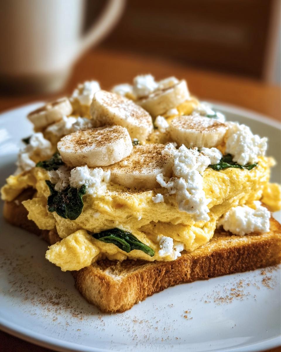 Toast topped with scrambled eggs, spinach, cottage cheese, and banana slices. One of many Protein Breakfast Recipes.