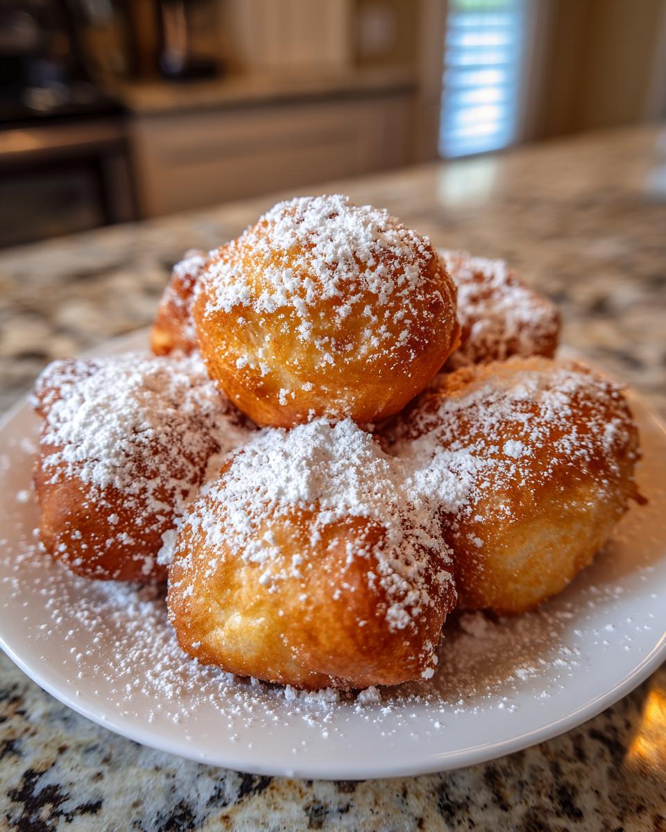 A plate of golden Vanilla French Beignets dusted with powdered sugar, ready for breakfast.