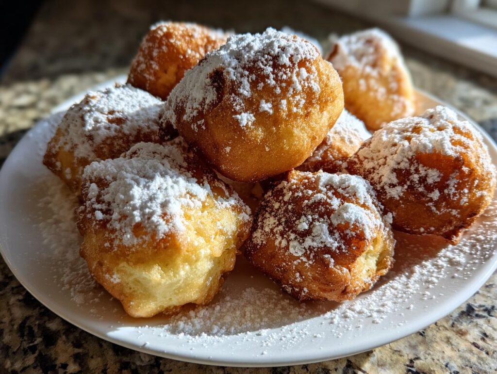 A plate of golden Vanilla French Beignets dusted with powdered sugar, ready for breakfast.