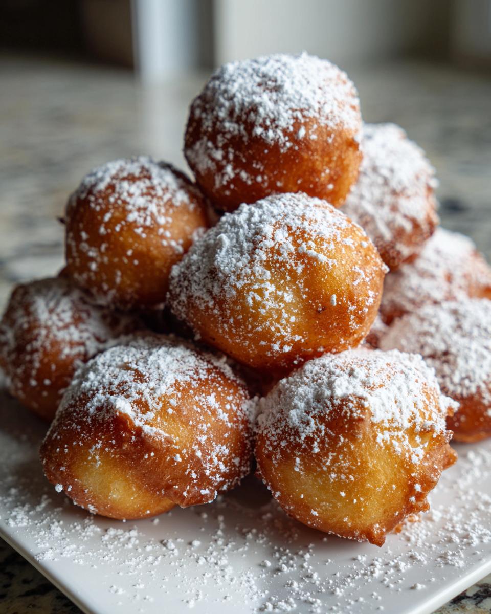 A stack of golden Vanilla French Beignets For Breakfast, generously dusted with powdered sugar on a white plate.