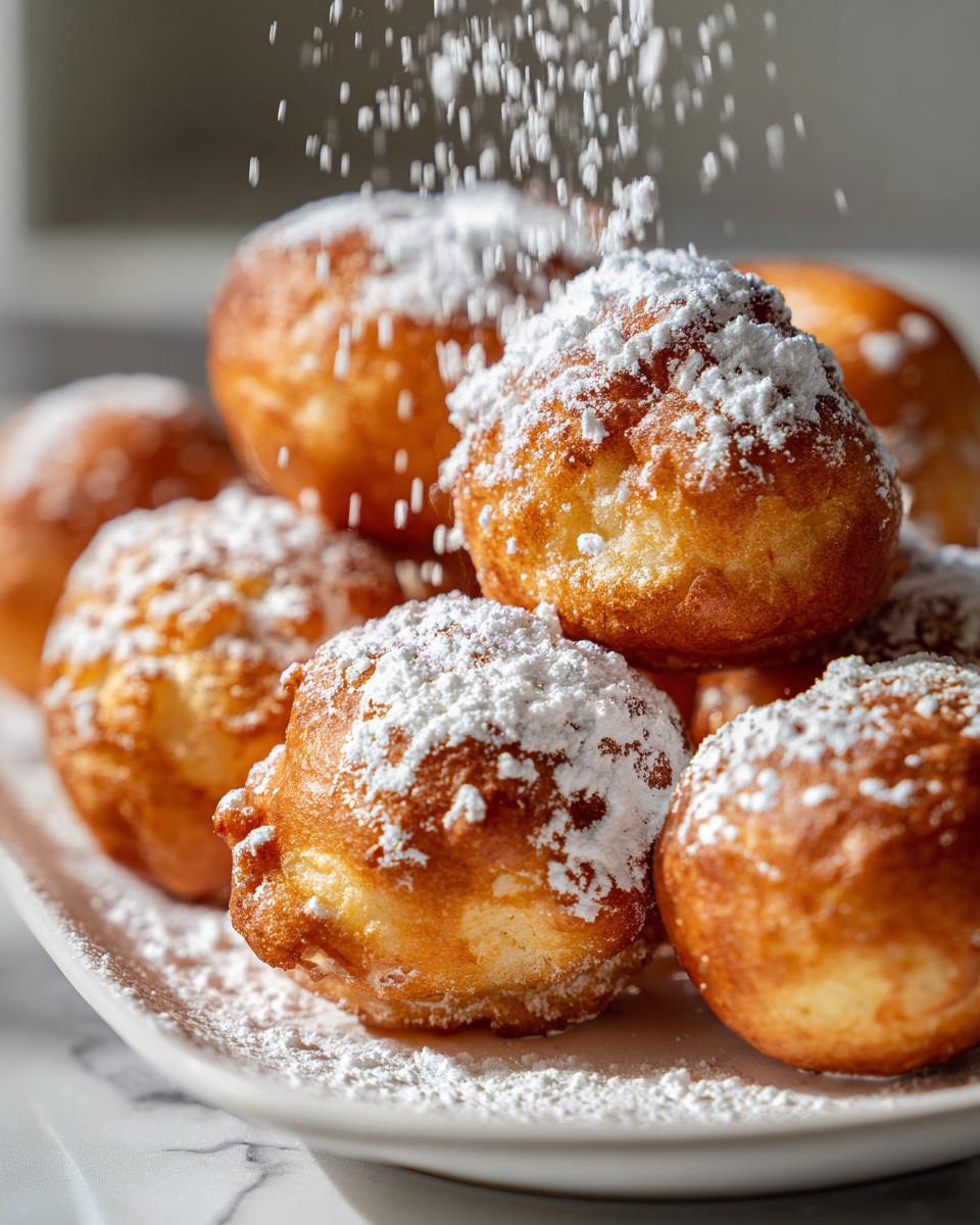 A stack of golden Vanilla French Beignets being dusted with powdered sugar on a white plate.