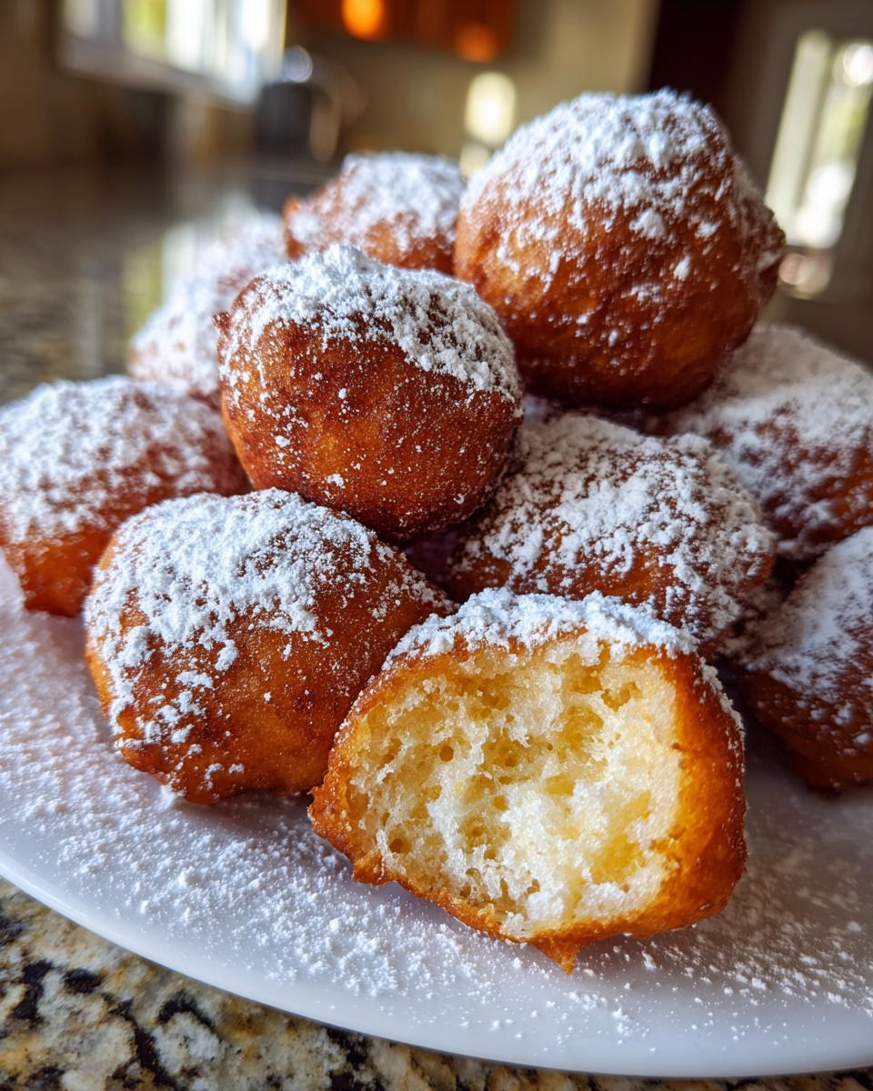 A plate of golden Vanilla French Beignets For Breakfast, generously dusted with powdered sugar.