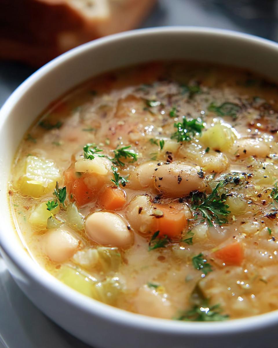 Close-up of a bowl of White Bean Soup with visible beans, carrots, celery, and herbs.
