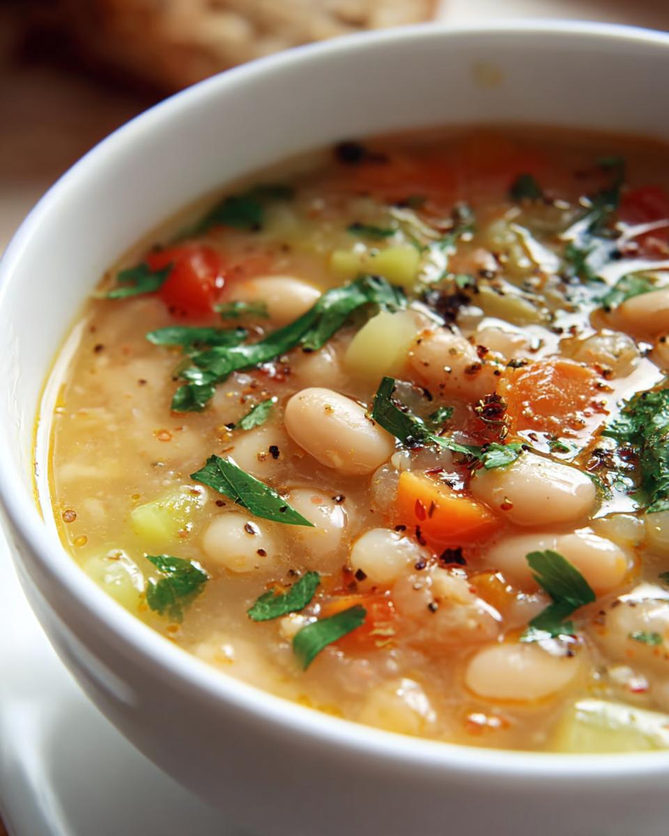 Close-up of a bowl of White Bean Soup, garnished with fresh herbs and vegetables.