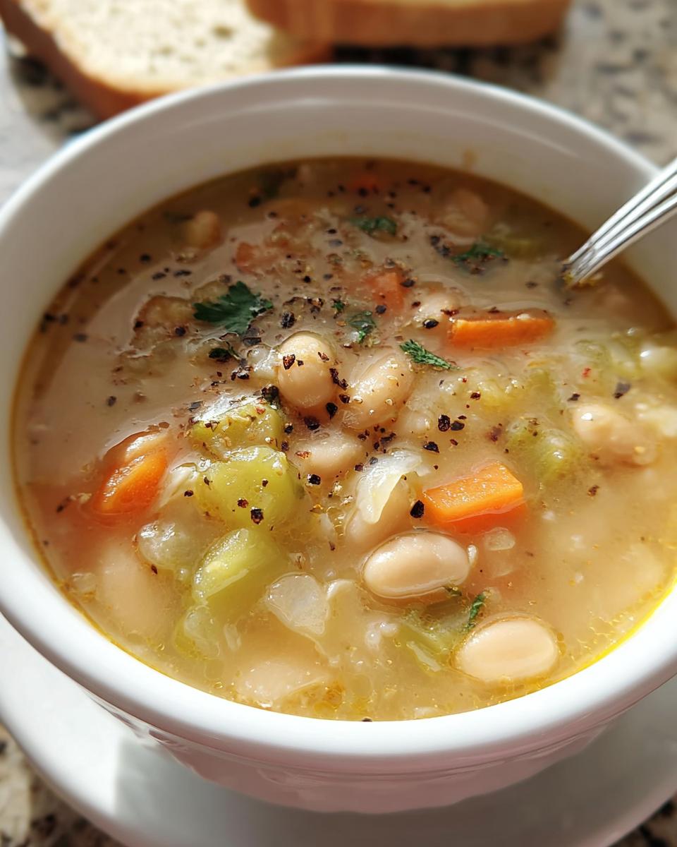 A comforting bowl of White Bean Soup with visible white beans, carrots, celery, and seasonings.