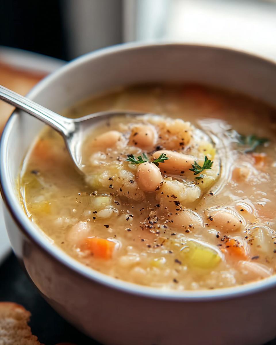 Close-up of a bowl of White Bean Soup with a spoon lifting a portion, showing beans, vegetables, and herbs.