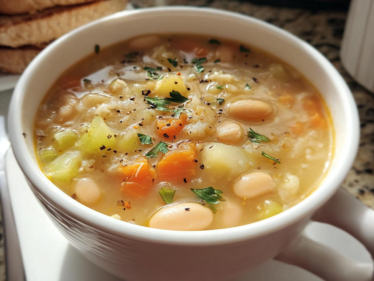 Close-up of a bowl of White Bean Soup with visible beans, carrots, and herbs.
