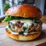 Juicy White Cheddar and Spinach Chicken Burger on a brioche bun with lettuce, served on a wooden board.