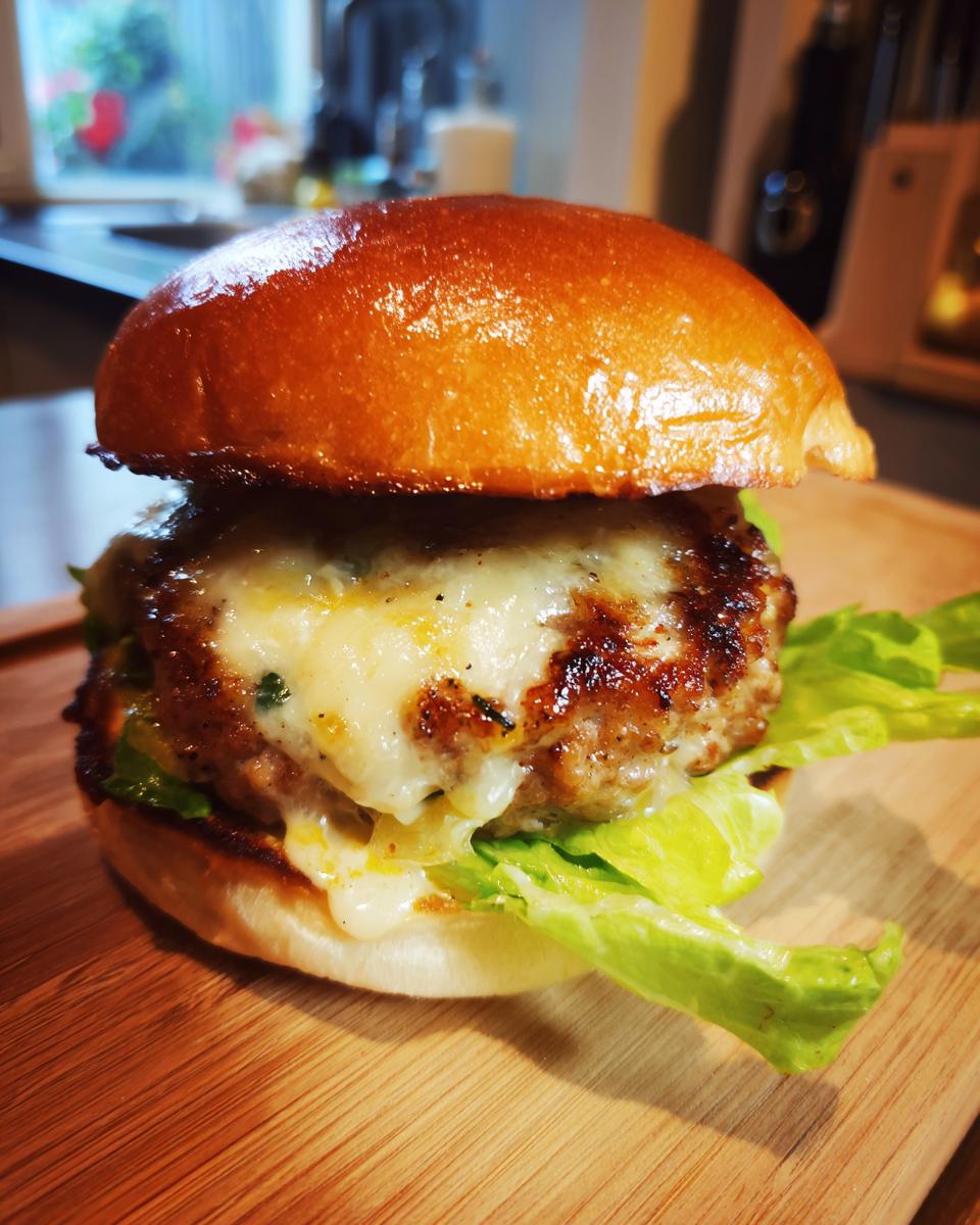 A juicy White Cheddar and Spinach Chicken Burger with melted cheese and lettuce on a wooden board.