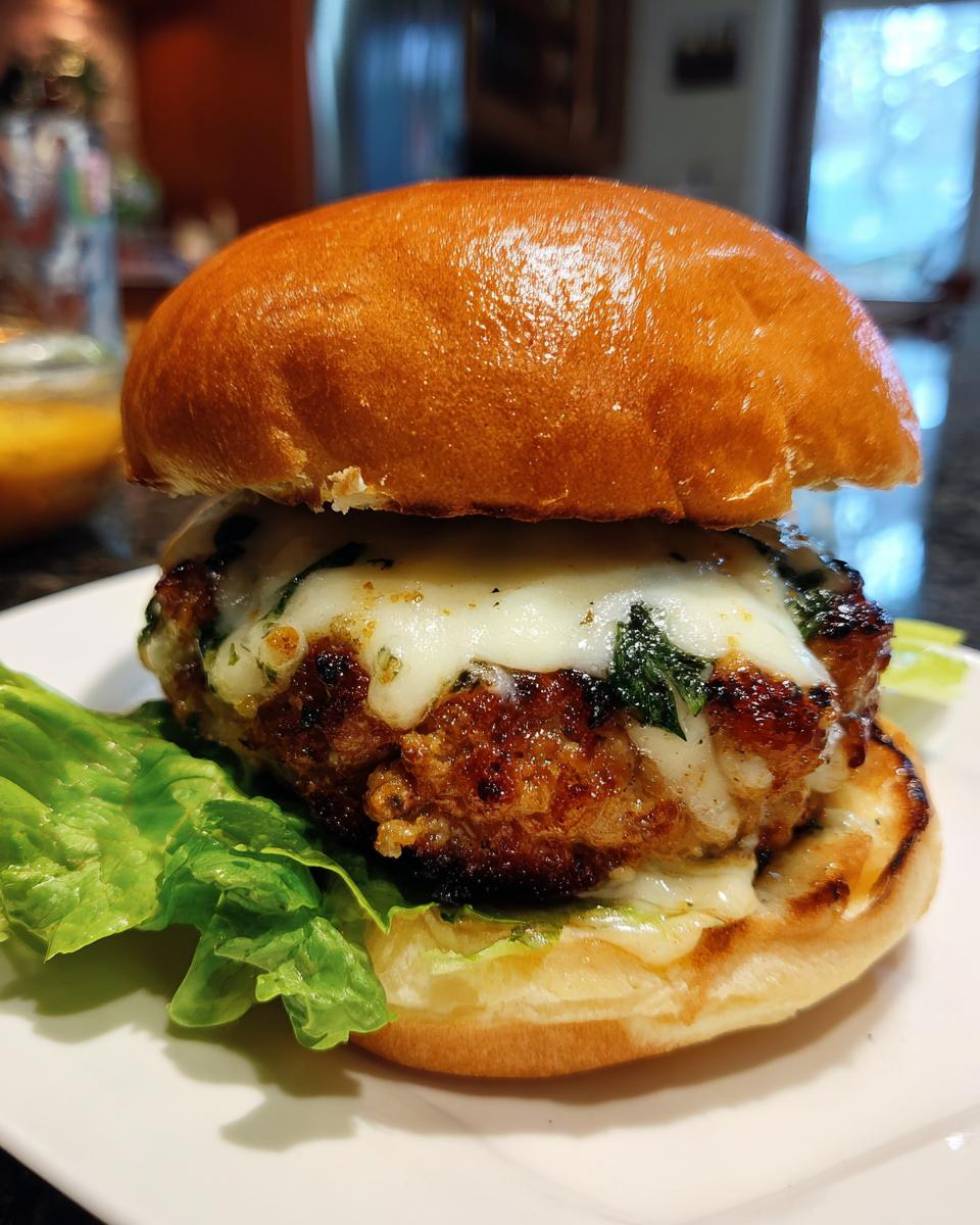 A juicy White Cheddar and Spinach Chicken Burger on a brioche bun with lettuce.