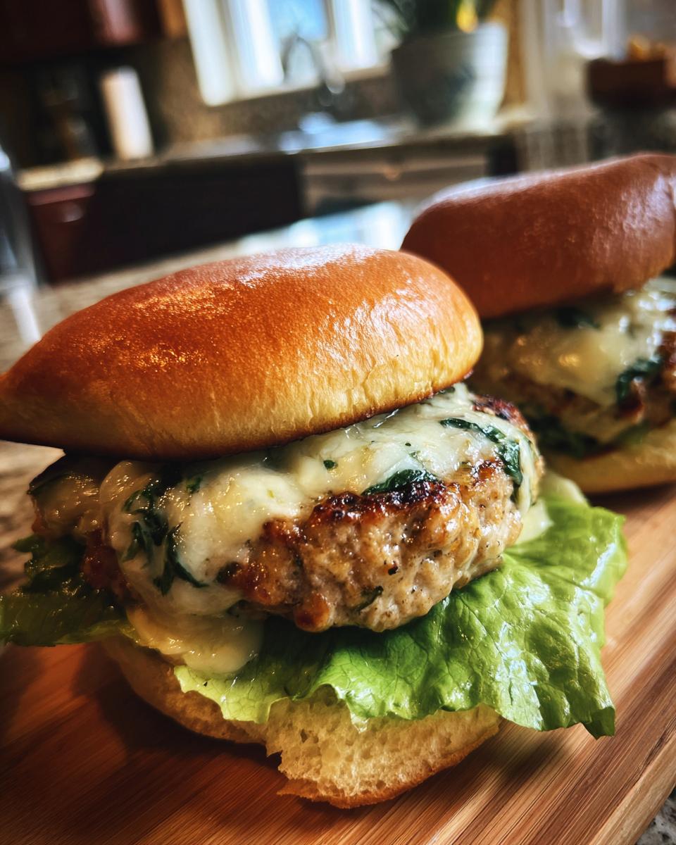 Two juicy White Cheddar and Spinach Chicken Burgers on brioche buns with lettuce.