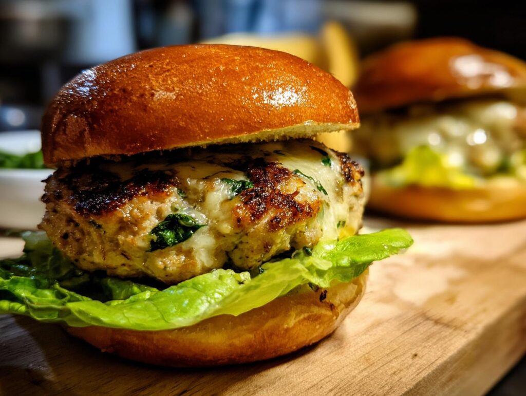 Two White Cheddar and Spinach Chicken Burgers on a wooden board, topped with melted cheese and lettuce.