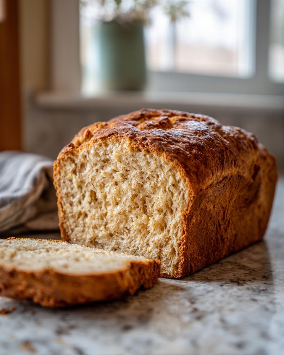 A loaf of Zero Carb Yogurt Bread with a slice cut, showing the texture. Golden crust and soft interior.