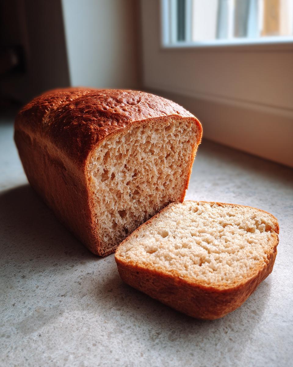 A loaf of Zero Carb Yogurt Bread with a slice cut, showing the texture and golden crust.