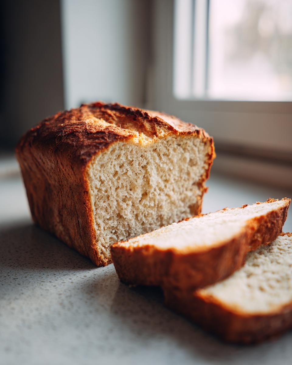 Loaf of Zero Carb Yogurt Bread with two slices cut, showing the texture and golden crust.