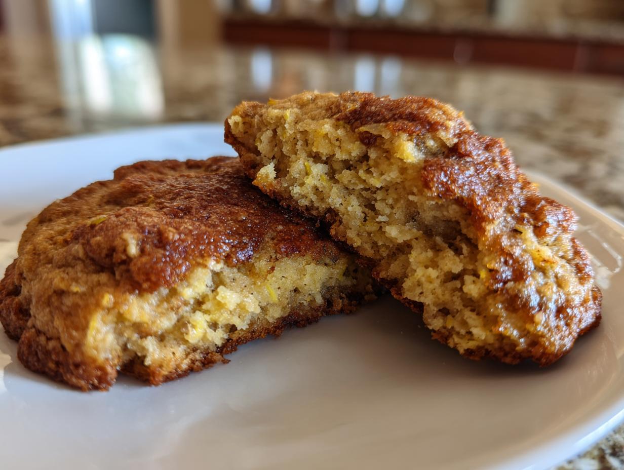 Close-up of a halved Zucchini Cookie on a white plate, showcasing its moist texture and visible zucchini pieces.
