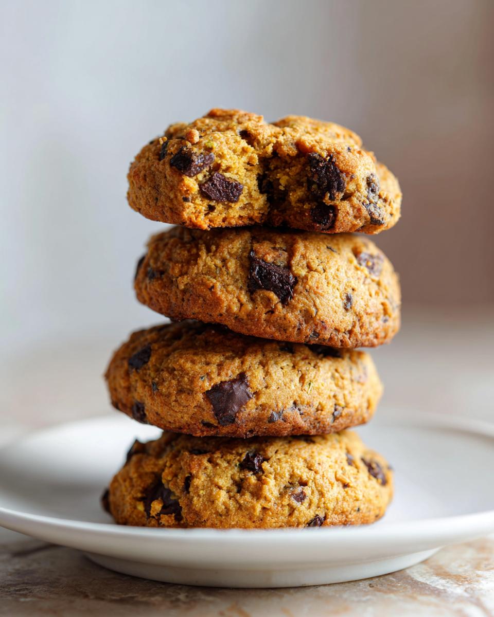 A stack of four homemade zucchini cookies with chocolate chips on a white plate, one cookie with a bite taken out.