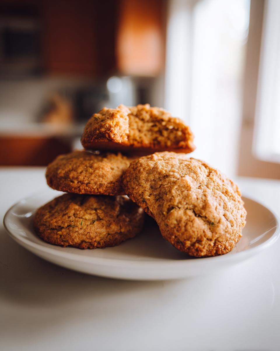A stack of four homemade zucchini cookies on a white plate, one broken to show the inside.