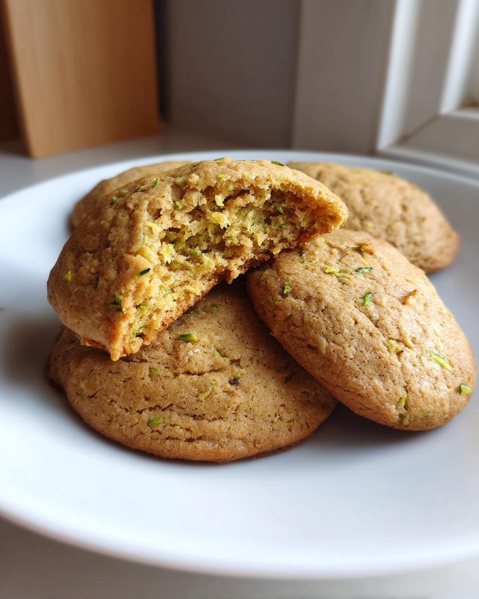 A close-up of soft zucchini cookies on a white plate, one broken in half, revealing the moist interior.