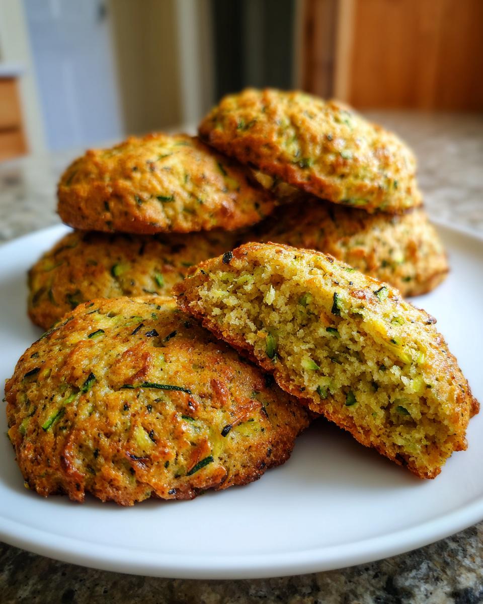 A stack of freshly baked Zucchini Cookies on a white plate, one cookie broken in half to show the inside texture.