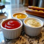 Three bowls of 3 Quick Dipping Sauces for Mummy Dogs: ketchup, mustard, and aioli, with hot dogs in the background.