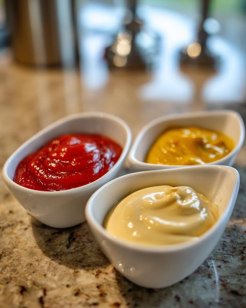 Three bowls of 3 Quick Dipping Sauces for Mummy Dogs: ketchup, yellow mustard, and honey mustard.
