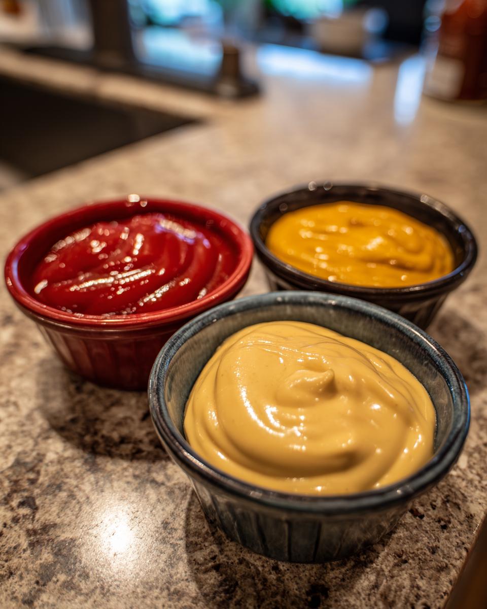 Three bowls of 3 Quick Dipping Sauces for Mummy Dogs: ketchup, mustard, and honey mustard.