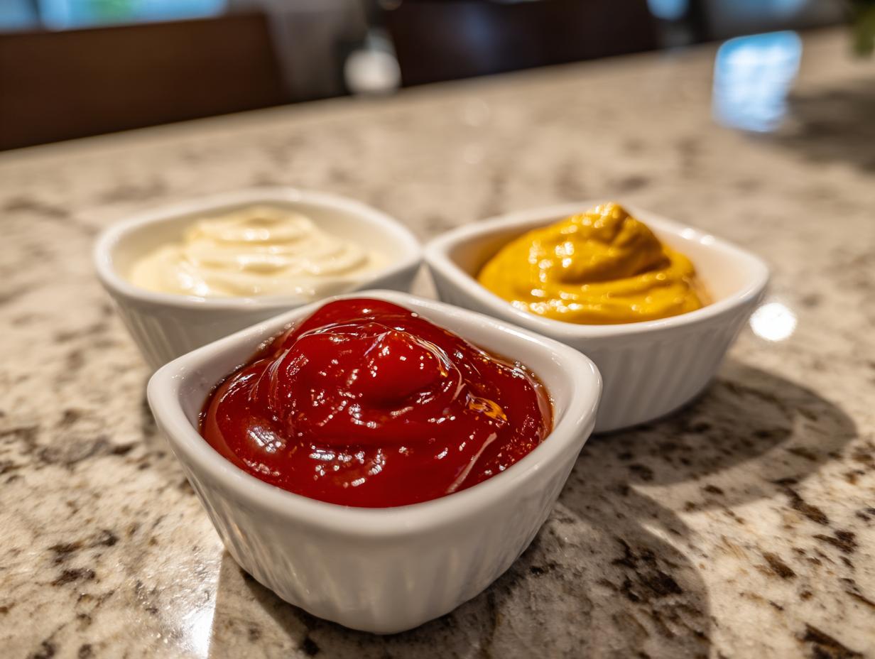 Three small bowls of 3 Quick Dipping Sauces for Mummy Dogs: ketchup, mustard, and mayonnaise.