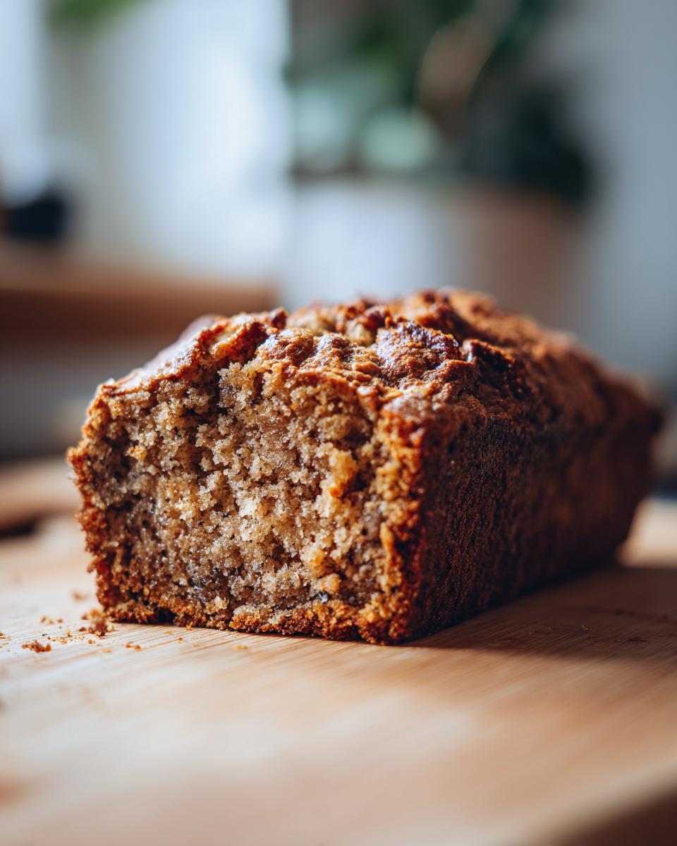 Close-up of a freshly baked 5-Ingredient Banana Bread loaf on a wooden board.