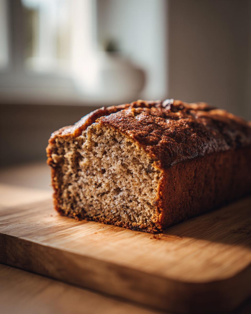 Close-up of a freshly baked 5-Ingredient Banana Bread loaf on a wooden cutting board.